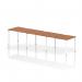 This image features a sleek, modern office space with a single row of dynamic bench desks. The desks, measuring 1200mm, are finished with a polished walnut top and a clean white frame. The layout comfortably accommodates three people, creating a collaborative and efficient work environment.