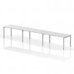 This image shows a sleek and modern Dynamic Bench Desking Evolve Plus desk. It features a 1600mm white top with a silver frame, perfect for a single row of 3 people in a professional office space.