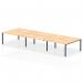 This stunning photograph showcases the Evolve Plus 1600mm B2B 6 person office bench desk. The sleek maple top contrasted by the bold black frame creates a dynamic look for any modern office space. The spacious design comfortably accommodates multiple users while maintaining a sleek and professional aesthetic.