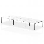 This modern office bench desk features a spacious 1600mm design, with a sleek white top and bold black frame. It is part of the Dynamic Bench Desking Evolve Plus collection and can comfortably seat 6 people. Ideal for creating a collaborative work environment.