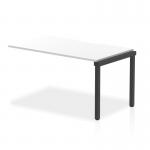 This photograph features the Evolve Plus 1400mm Single Row Office Bench Desk Ext Kit, with a sleek white top and contrasting black frame. The dynamic bench desk add on units provide additional working space and organization for a modern and efficient office environment.