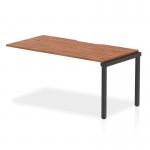 A versatile office bench desk extension kit with a sleek walnut top and a sturdy black frame. The single row design maximizes space and allows for easy collaboration. Perfect for a modern and dynamic work environment.