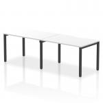 The Dynamic Bench Desking Evolve Plus 1200mm Single Row 2 Person Office Bench Desk features a sleek and modern design with a white top and black frame. It is designed to provide a functional workspace for two people and is perfect for any office environment.