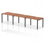 This image showcases the Evolve Plus 1200mm Single Row 3 Person Office Bench Desk in Walnut Top and Black Frame. The bench desk is designed with a sleek and modern look, featuring a spacious worktop and sturdy frame. It is perfect for promoting a dynamic and collaborative working environment. The walnut top adds a touch of warmth, while the black frame provides a bold contrast.