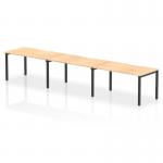 This photograph captures our Dynamic Bench Desking Evolve Plus 1400mm Single Row 3 Person Office Bench Desk. The sleek maple top beautifully contrasts with the sturdy black frame, creating a modern and professional workspace for your team.