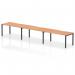 The image shows a sleek and modern Dynamic Bench Desking Evolve Plus 1600mm office bench desk, featuring an oak top and black frame. The single row desk has enough space for 3 people to work comfortably, making it perfect for a collaborative office environment.