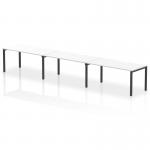 This photo captures a sleek and modern 1600mm single row 3-person office bench desk with a white top and black frame. The dynamic design of the Evolve Plus series is highlighted, offering a stylish and functional addition to any workspace.