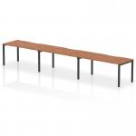 A modern and stylish office bench desk, featuring a sleek walnut top and a sturdy black frame. The dynamic design allows for single row placement or can comfortably accommodate 3 people. Perfect for a collaborative and productive workspace.