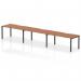 A modern and stylish office bench desk, featuring a sleek walnut top and a sturdy black frame. The dynamic design allows for single row placement or can comfortably accommodate 3 people. Perfect for a collaborative and productive workspace.