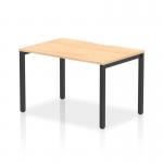 This image shows a sleek and modern office bench desk with a maple top and black frame. It features a starter unit for a single person, measuring 1200mm wide. The desk is from the Evolve Plus collection and has a dynamic and versatile design.