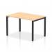 This image shows a sleek and modern office bench desk with a maple top and black frame. It features a starter unit for a single person, measuring 1200mm wide. The desk is from the Evolve Plus collection and has a dynamic and versatile design.