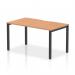 This photograph features a sleek and modern Dynamic Bench Desk Starter Unit from the Evolve Plus series. The desk is 1400mm long and has a single starter setup, with a stylish oak top and a sleek black frame. Perfect for any stylish and functional office space.