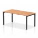 This picture shows a modern office desk featuring a 1600mm oak top with a sleek black frame. The design is a dynamic bench desk starter unit from the Evolve Plus collection, perfect for a single workstation in a contemporary workspace.