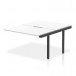 This photo showcases a sleek and modern office setup with a dynamic bench desk. The add on units add functionality and the white top with black frame gives a professional look. Perfect for a B2B office space.
