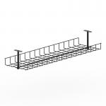 The picture shows a black-framed desk accessory called the Evolve Plus Cable Management Basket. It features a dynamic design and is ideal for keeping cables organized and clutter-free.