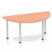 The photo features a sleek, semi-circular beech top table with silver post legs. The dynamic design adds a modern touch to any space, while the 1600mm length provides ample room for group meetings or collaborative work.