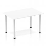 This photograph showcases a sleek and modern 1200mm straight table with a white top and silver post leg. The dynamic tables design adds a contemporary touch to any space, making it an eye-catching addition to any office or workspace. The clean lines and neutral color palette create a professional and sophisticated look.