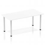 The image shows a sleek and modern Dynamic Tables Impulse 1400mm straight table, with a white top and silver post legs. The clean and simple design exudes a professional and efficient vibe. The table appears sturdy and practical, making it suitable for a variety of office or work settings.