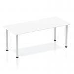 This image showcases a sleek and modern 1800mm straight table, featuring a crisp white table top and sleek silver post legs. The dynamic design is both functional and stylish, making it a versatile addition to any space.
