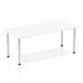 This image showcases a sleek and modern 1800mm straight table, featuring a crisp white table top and sleek silver post legs. The dynamic design is both functional and stylish, making it a versatile addition to any space.