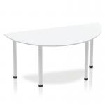This photo features a sleek and modern Dynamic Tables Impulse 1600mm semi-circle table. The white top is complemented by silver post legs, creating a stylish and contemporary look. Perfect for any office or workspace, this table adds a touch of sophistication to any room.