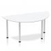 This photo features a sleek and modern Dynamic Tables Impulse 1600mm semi-circle table. The white top is complemented by silver post legs, creating a stylish and contemporary look. Perfect for any office or workspace, this table adds a touch of sophistication to any room.