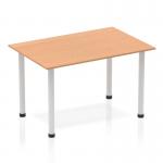 A photograph of Dynamic Tables Impulse 1200mm Straight Table features a sleek silver post leg with an elegant oak top. The table exudes a modern and dynamic feel, making it a versatile addition to any space. The 1200mm size allows for ample surface area, perfect for a variety of uses.
