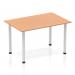 A photograph of Dynamic Tables Impulse 1200mm Straight Table features a sleek silver post leg with an elegant oak top. The table exudes a modern and dynamic feel, making it a versatile addition to any space. The 1200mm size allows for ample surface area, perfect for a variety of uses.