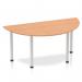 This photo shows a sleek and modern semi-circle table with an oak top and silver post legs. The table is 1600mm in size and exudes a dynamic and stylish vibe.
