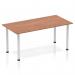 The picture shows a sleek and modern 1600mm straight table with a walnut top and silver post legs. Its dynamic design creates a professional and stylish look for any workspace.