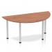 This photo features a sleek and modern semi-circle table, measuring 1600mm. The stunning walnut tabletop provides a dynamic contrast to the silver post leg, creating a sophisticated and stylish look. Perfect for any contemporary workspace or meeting room.