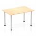 This photo shows a sleek, modern Dynamic Tables Impulse 1200mm Straight Table with a maple wood top and silver post legs. The streamlined design and clean lines make it a stylish addition to any space.