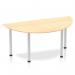 This photo features a modern Dynamic Tables Impulse 1600mm semi-circle table with a sleek maple top and silver post leg. The table is set in a contemporary office space and exudes a sense of sophistication and functionality.