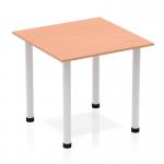 The image shows a sleek, modern table with a square beech top and silver post legs. The surface is smooth, and the legs add a touch of elegance. Perfect for a contemporary office or conference room setting.