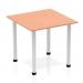 The image shows a sleek, modern table with a square beech top and silver post legs. The surface is smooth, and the legs add a touch of elegance. Perfect for a contemporary office or conference room setting.