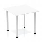 This photo showcases a sleek and modern Dynamic Tables Impulse 800mm square table with a white top and silver post leg. The clean lines and minimalist design create a stylish and professional look.