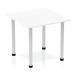 This photo showcases a sleek and modern Dynamic Tables Impulse 800mm square table with a white top and silver post leg. The clean lines and minimalist design create a stylish and professional look.