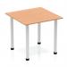 In this photograph, we see a stunning Dynamic Tables Impulse 800mm square table with an oak top and silver post legs. The table exudes elegance and sophistication, with its sleek design and neutral color scheme. The perfect addition to any modern office or workspace.