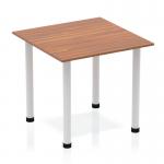 The Dynamic Tables Impulse 800mm Square Table features a sleek walnut top and silver post legs, providing a modern and stylish addition to any workspace. Its dynamic design allows for easy customization and efficient use of space.