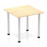 This image features a sleek and functional Dynamic Tables Impulse 800mm square table. The maple top adds a touch of warmth while the silver post leg provides sturdy support. Perfect for any modern workspace or meeting room.