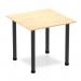 This photo features a sleek and modern Dynamic Tables Impulse 800mm Square Table with a maple top and black post leg. The clean, angular lines and contrasting colors create a striking visual effect. The table appears sturdy and versatile, suitable for a variety of settings.