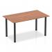 This photograph showcases a sleek 1400mm straight table with a walnut top and black post leg. The tables appear to have a dynamic, modern design that will add a touch of sophistication to any space. The dark wood finish of the top contrasts beautifully with the bold black legs, creating a visually striking piece of furniture.
