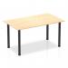 This picture shows a sleek and modern Dynamic Tables Impulse 1400mm straight table with a maple top and black post leg. Its minimalist design and compact size make it a practical choice for any workspace. The natural wood grain finish gives it a warm and inviting look, while the black leg adds a touch of sophistication. Perfect for a variety of settings, from home offices to conference rooms.
