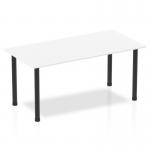 This photo shows a sleek and modern white tabletop with black post legs. The table is 1600mm straight and exudes a dynamic and versatile feel. It is perfect for any modern workspace or meeting room.