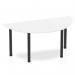 The picture features a sleek, white semi-circle table with black post legs. The dynamic tables impulse measuring at 1600mm, adds a contemporary touch to any space.