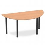 This image features a 1600mm semi-circle table with an oak top and black post leg, showcasing its dynamic and modern design. The sleekness of the table is enhanced by the contrasting colors and curved shape, creating a sense of movement and energy in the space.