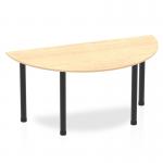 This photograph captures a modern and stylish Dynamic Tables Impulse 1600mm Semi-Circle Table. The maple top adds warmth and elegance, while the black post leg provides stability. Perfect for any office or workspace.
