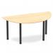 This photograph captures a modern and stylish Dynamic Tables Impulse 1600mm Semi-Circle Table. The maple top adds warmth and elegance, while the black post leg provides stability. Perfect for any office or workspace.