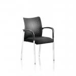 A group of sleek, black stackable chairs with comfortable nylon backs and armrests in an academy setting. The chairs are arranged in a dynamic formation, ready for use by visitors.