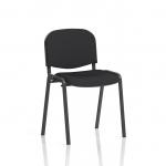 The photograph shows a set of dynamic stackable chairs with a sleek black fabric seat and backrest, and a sturdy black frame. These chairs are designed to be stacked and each one is individually priced. A minimum quantity of 4 is required to purchase.